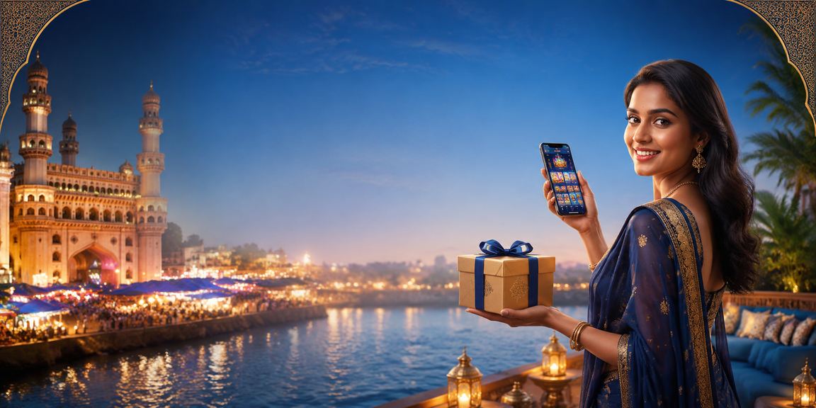 Happy player registering account on mobile at Hyderabad Charminar night market