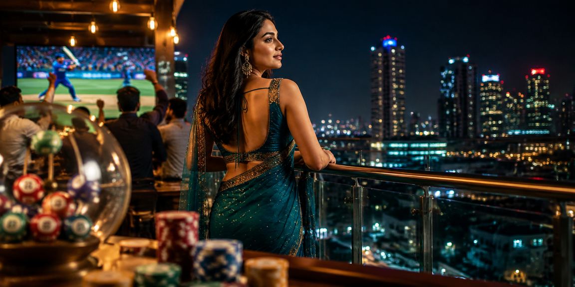 Indian woman enjoying cricket betting on mobile at night