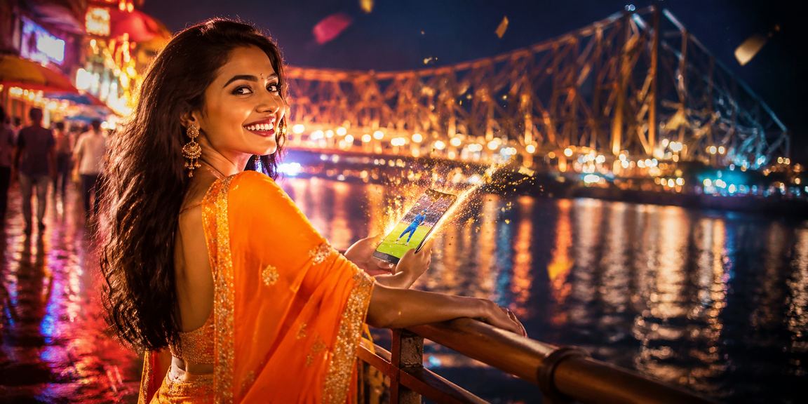 Night view of Howrah Bridge highlighting responsible gaming message