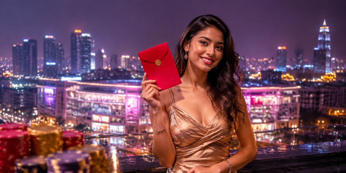 Mumbai night view with festive red envelope and neon bonus sign